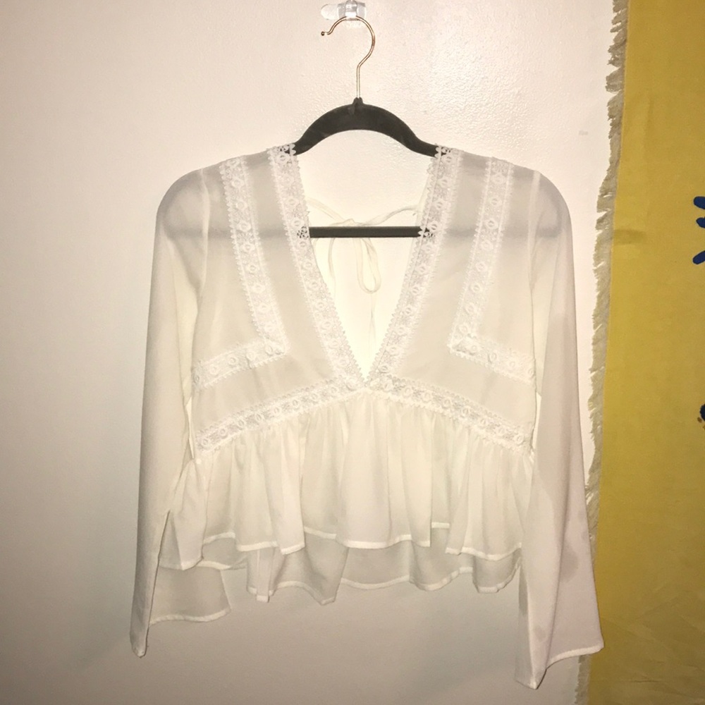 NWOT Deep V White Blouse with White Trim